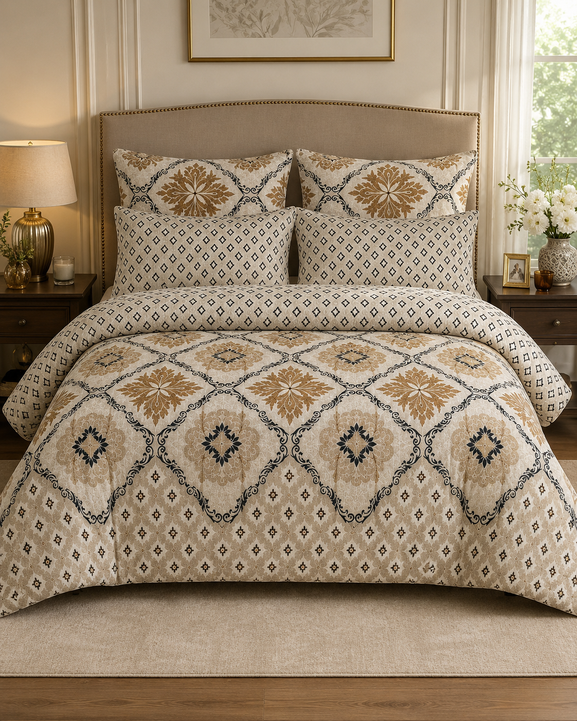 Elegant bedroom with warm golden accents Bed Set