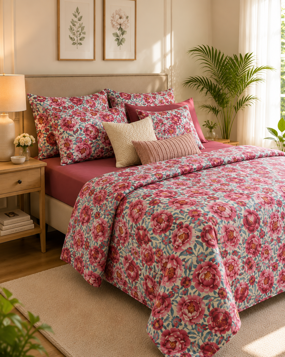 Maroon Bloom Bedsheet and set 