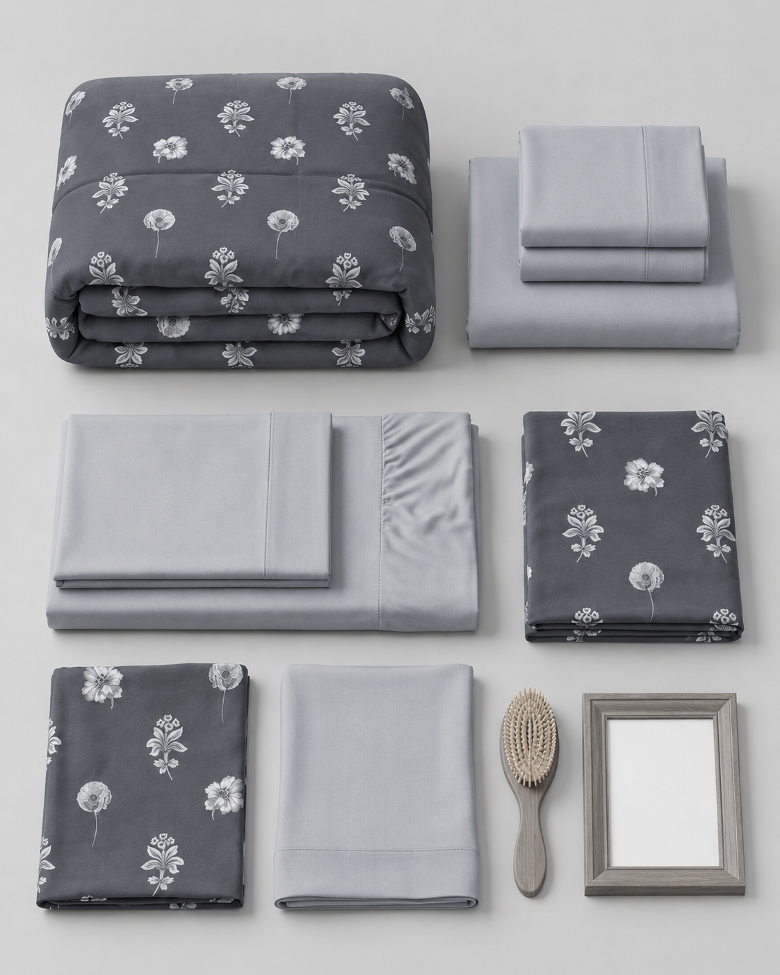 Charcoal Petal Comfort Set and sheets